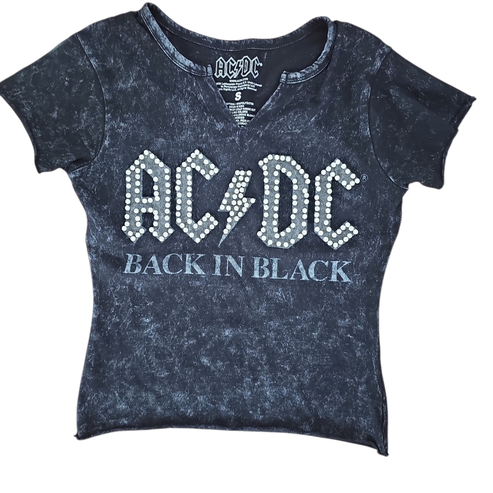 AC/DC "Back in Black" Stone Washed Tee With Faux Pearl Logo On Front Sz S